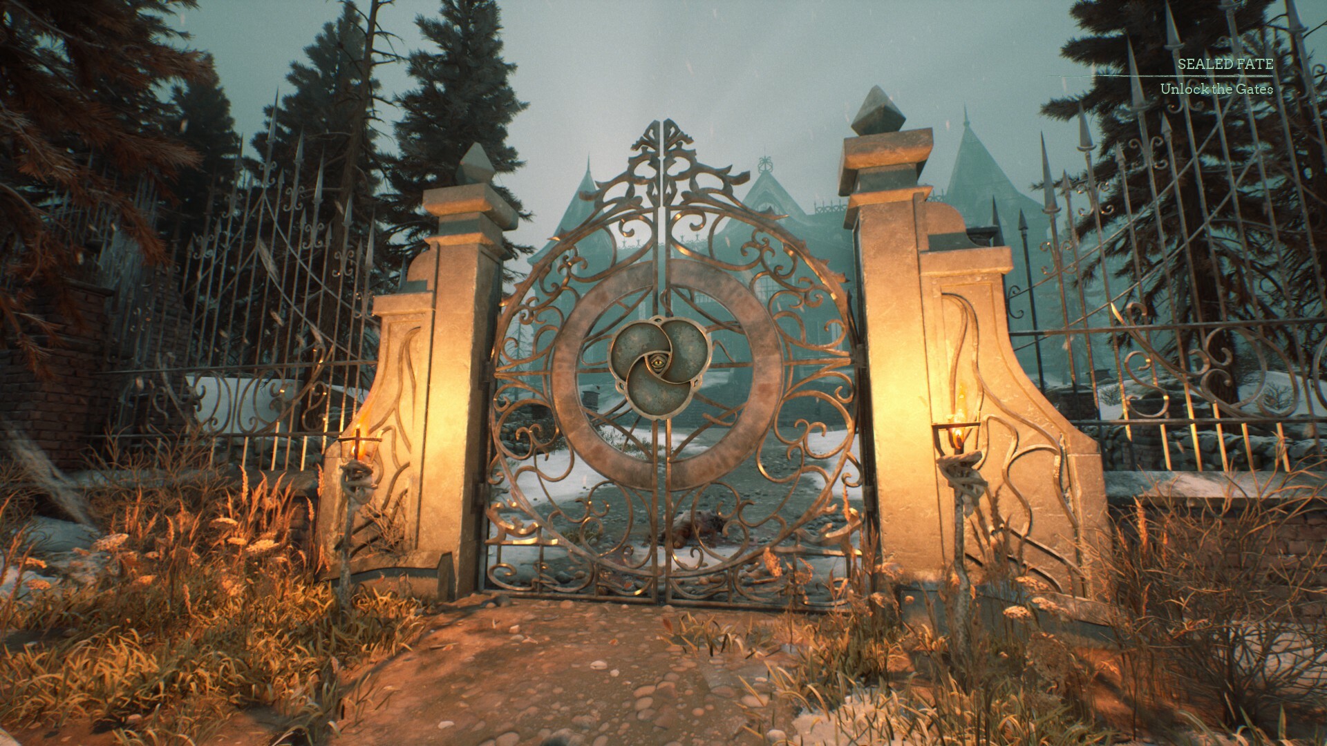 Stygian: Outer Gods first-person screenshot: an ornate wrought-iron gate lit by lamps.